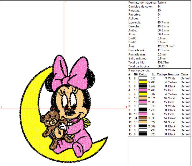 K&ouml;nnte beinhalten: Gesticktes Design mit einer Zeichentrickfigur mit gro&szlig;er rosa Schleife, die auf einem gelben Halbmond sitzt und einen Teddyb&auml;ren h&auml;lt. Die Figur tr&auml;gt ein rosa Outfit. Geeignet f&uuml;r Babyartikel. Ma&szlig;e in mm.
