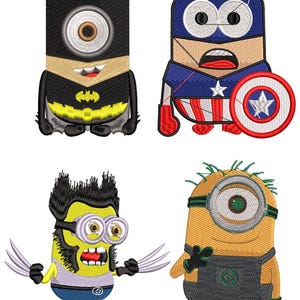 Pack Minions - Minions, embroidery design, superhero, 4 files, drawings, cartoon, my favorite villain, children's design.
