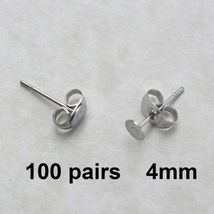 100 Pairs 4mm Surgical Steel flat pad EFP-4P-100 earring posts and butterfly backs-100 pairs surgical steel hypoallergenic earring post image 1