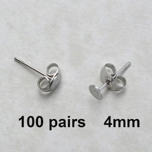 100 Pairs 4mm Surgical Steel flat pad, EFP-4P-100, earring posts and butterfly backs, 100 pairs surgical steel hypoallergenic earring post