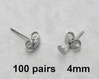 100 Pairs 4mm Surgical Steel flat pad EFP-4P-100 earring posts and butterfly backs-100 pairs surgical steel hypoallergenic earring post