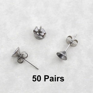 50 Pairs 6mm Surgical Steel pointed cup earring posts and butterfly backs, PC6-50 hypoallergenic earring post