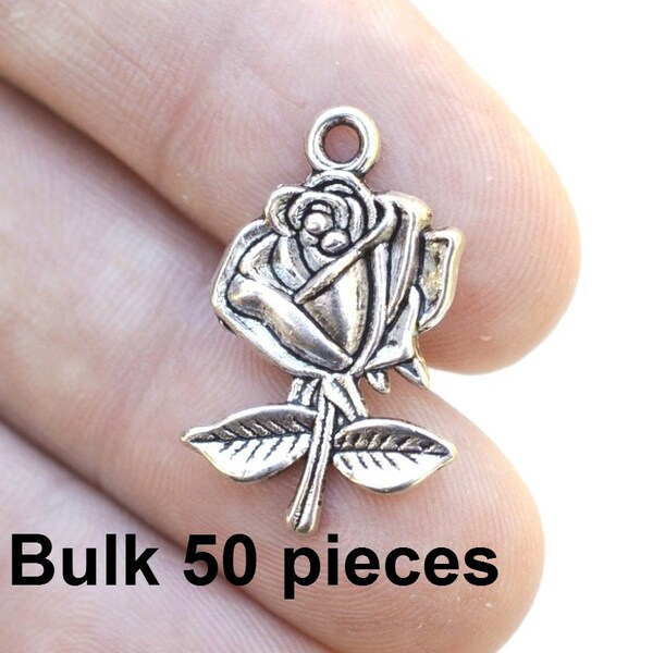 Rose Charms, Flower Charms, #BCH344, Antique Silver, Bracelet Charms, Jewelry Supplies, Alloy Charms, Loose Charms, Bulk 50, 50 pieces