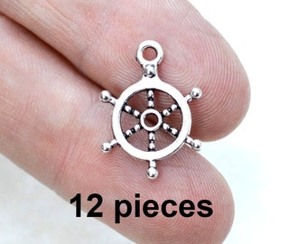 Ship Wheel Charms, #CH410, Nautical Wheel, 12 pieces, Antique Silver Charms, Boat Charms