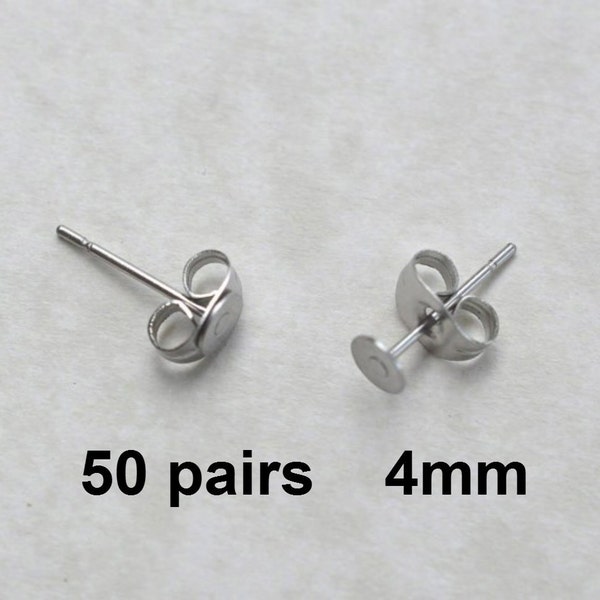50 Pairs 4mm Surgical Steel flat pad EFP-4P-50 earring posts and butterfly backs-50 pairs surgical steel hypoallergenic earring post