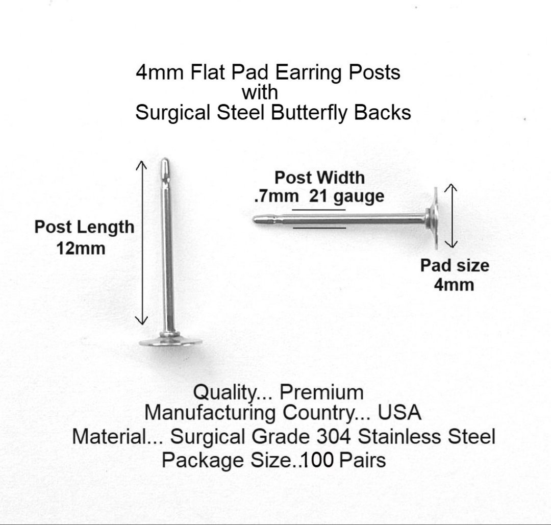100 Pairs 4mm Surgical Steel Earring Posts, SS4100, Flat Pad Posts and Butterfly Backs