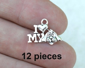 I LUV my Dog  #CH433, Dog Pet Jewelry Charms, Antique Silver Jewelry Supplies, 12 pieces