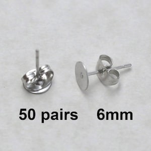 50 Pairs 6mm Surgical Steel flat pad EFP-6P-50 earring posts and butterfly backs-50 pairs surgical steel hypoallergenic earring post