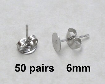 50 Pairs 6mm Surgical Steel flat pad EFP-6P-50 earring posts and butterfly backs-50 pairs surgical steel hypoallergenic earring post