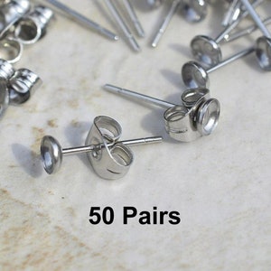 50 Pairs 4mm Surgical Steel cupped earring posts and butterfly backs, ECP-4P-50, surgical steel hypoallergenic earring post