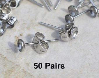 50 Pairs 4mm Surgical Steel cupped earring posts and butterfly backs, ECP-4P-50, surgical steel hypoallergenic earring post