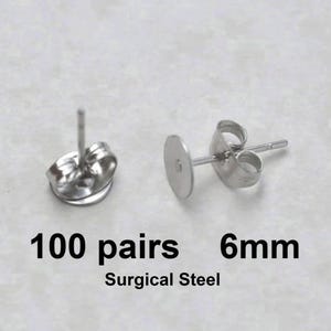 100 Pairs 6mm Surgical Steel flat pad, EFP-6P-100, earring posts and butterfly backs, 100 pairs surgical steel hypoallergenic earring post