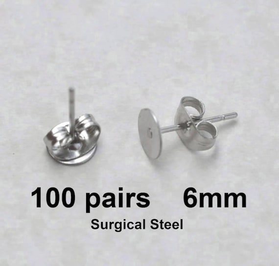 100 Pairs 6mm Surgical Steel flat pad, EFP-6P-100, earring posts and butterfly backs, 100 pairs surgical steel hypoallergenic earring post