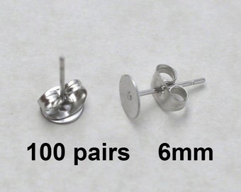 100 Pairs 6mm Surgical Steel flat pad EFP-6P-100 earring posts and butterfly backs-100 pairs surgical steel hypoallergenic earring post