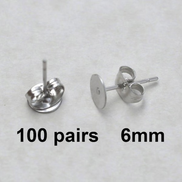 100 Pairs 6mm Surgical Steel flat pad EFP-6P-100 earring posts and butterfly backs-100 pairs surgical steel hypoallergenic earring post