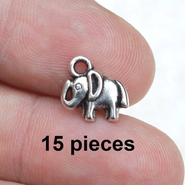 Tiny Elephant Charms, #CH273, Antique Silver Charms, 15 pieces,