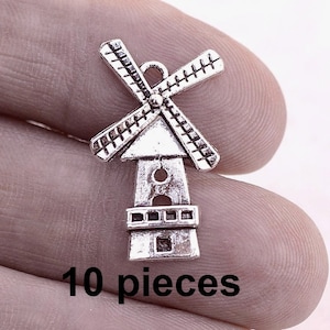Windmill Charms, Silver Windmill charms, Jewelry charms, 10 pieces, ch355, craft Charms, Loose Charms, Antique Silver Charms, Ohio Jewelry,