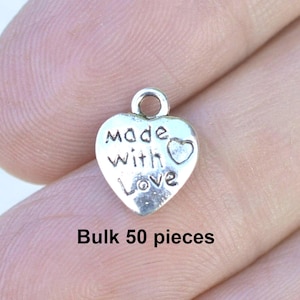 Made with Love, Heart Charms, 50 BULK charms, #BCH306, Silver Heart Charms, Craft Charms, Packaging Supplies, Craft Supplies, Craft Tags