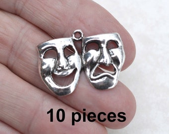 Comedy Mask Pendants, Costume charms, 10 pieces, #CH457, Antique Silver Charms, Bracelet Charms, Jewelry Supplies