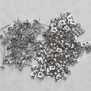 100 Pairs 4mm Surgical Steel flat pad EFP-4P-100 earring posts and butterfly backs-100 pairs surgical steel hypoallergenic earring post image 4