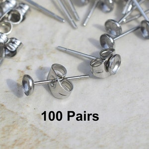 100 Pairs 4mm Surgical Steel cupped pad ECP-4P-100 earring posts and butterfly backs-100 pairs surgical steel hypoallergenic earring post