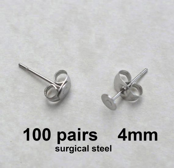 4mm Surgical Steel flat pad, 100 pairs, EFP-4P-100, earring posts and butterfly backs, 100 pairs surgical steel hypoallergenic earring post