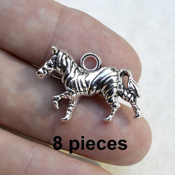 zebra pendants, zebra charms, exotic animal charm, 8 pieces, antique silver findings, ch380, zoo animal