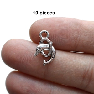 10 Dolphin in Hoop, #CH167, Antique Silver Charms, Jumping Dolphin Charms, Antique Silver