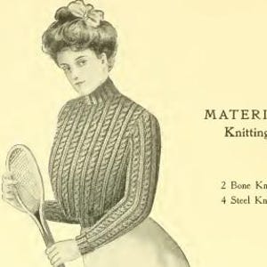 Könnte beinhalten: Eine Schwarzweißillustration einer Frau, die einen Pullover mit Zopfmuster trägt. Der Pullover hat einen hohen Kragen und lange Ärmel. Die Frau hält einen Tennisschläger. Der Text "CABLE STITCH SWEATER" befindet sich oben im Bild. Der Text "MATERIAL - Columbia Worsted Knitting Yarn 4 hanks 2 Bone Knitting Needles, 10 inch, No. 4 4 Steel Knitting Needles, No. 15" befindet sich unten im Bild.