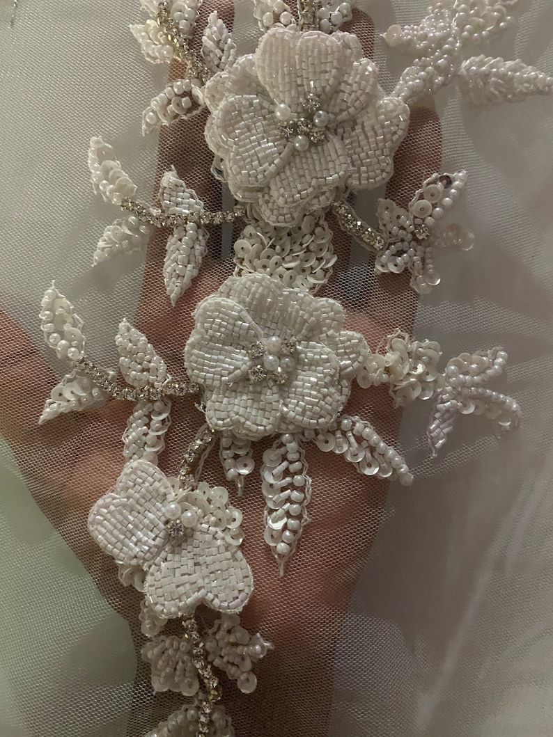 Floral 3D hand made beaded appliqué for clothing/art and craft embellishments. Bridal Pearl appliqué Apair of 3D embellishment / 3D applique image 10