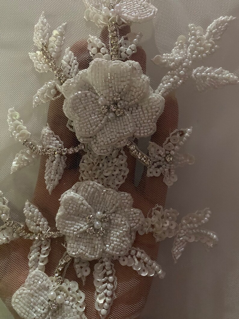 Floral 3D hand made beaded appliqué for clothing/art and craft embellishments. Bridal Pearl appliqué Apair of 3D embellishment / 3D applique image 9