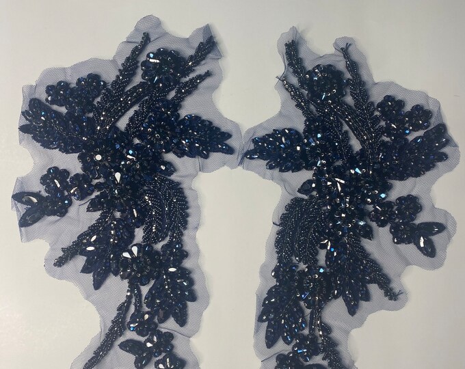 Deluxe Navy Rhinestone Applique, Bridal Bodice Beaded Floral Motif Lace ...