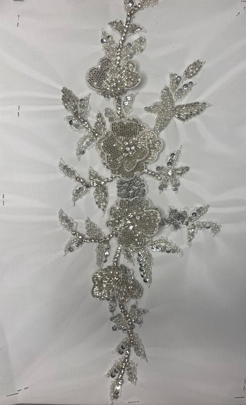 Floral 3D hand made beaded appliqué for clothing/art and craft embellishments. Bridal Pearl appliqué Apair of 3D embellishment / 3D applique image 5