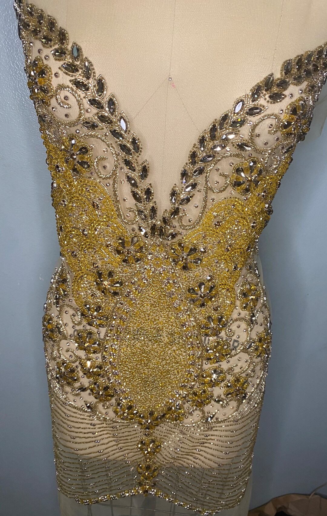 Hand Made Embroidered Gold Beaded Bodice Applique/silver Applique/front