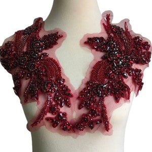 deluxe Rhinestone Applique, Bridal Bodice beaded  floral motif Lace Applique, Dark Red Crystal shoulder sash headpiece appliques