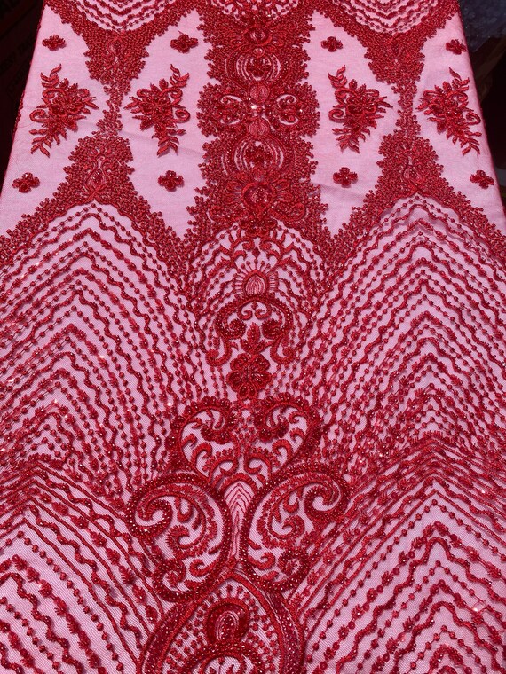 Buy Red Embroidered Beaded Mesh Lace Fabric Bridal Wedding Sold by