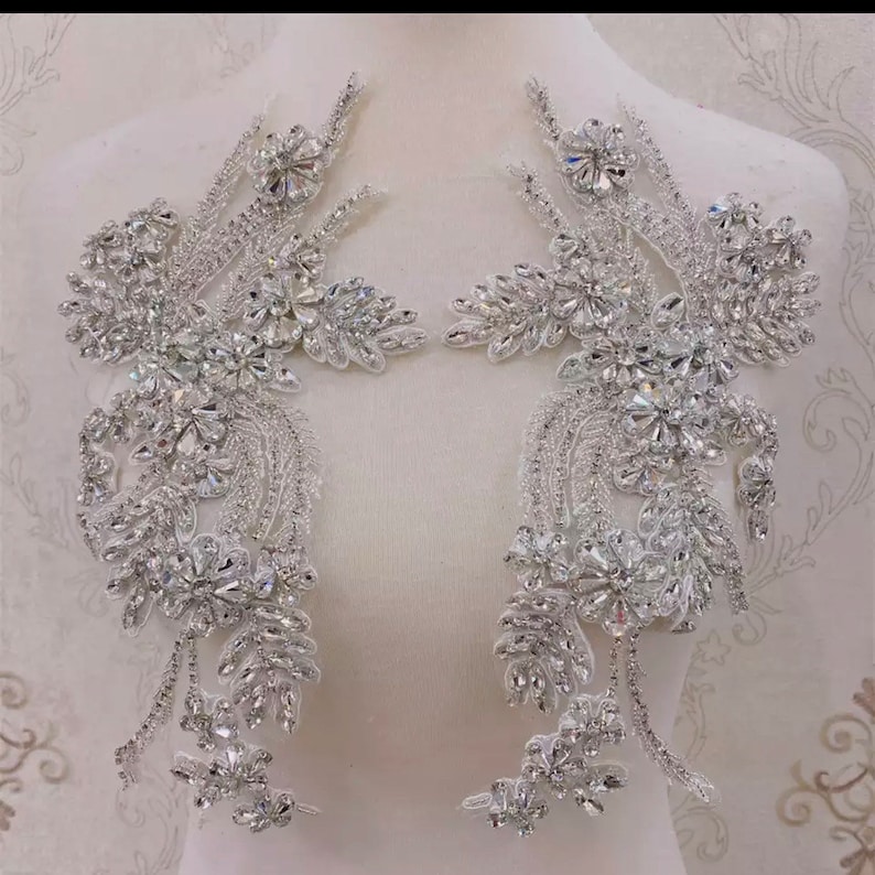 deluxe Rhinestone Applique/Bridal Bodice beaded floral motif Lace Applique/Silver Crystal shoulder headpiece appliques/embroidered applique image 4