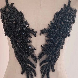 deluxe black Rhinestone Applique, Bridal Bodice beaded  floral motif Lace Applique, Silver Crystal shoulder sash headpiece appliques