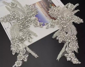 Deluxe silver Rhinestone Applique/Bridal Bodice beaded floral motif/Lace Applique Silver Crystal headpiece appliques/embroidered applique