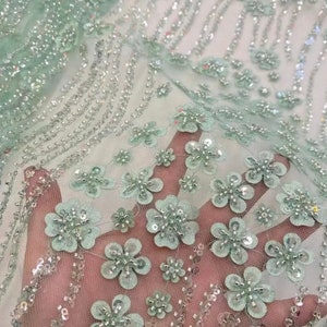 3D flower white Design Beaded Mesh Lace Fabric Bridal Wedding Sold ByYard clothing jackets, dresses,skirts, applications table coversrunners