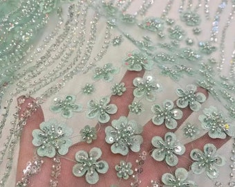 3D flower white Design Beaded Mesh Lace Fabric Bridal Wedding Sold ByYard clothing jackets, dresses,skirts, applications table coversrunners