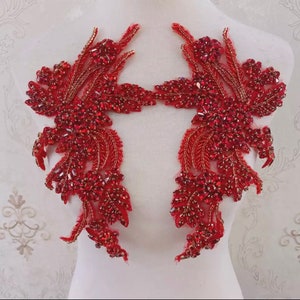 deluxe red /silver prongs Rhinestone Applique, Bridal Bodice beaded  floral motif Lace Applique,  Crystal shoulder sash headpiece appliques