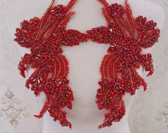 deluxe red /silver prongs Rhinestone Applique, Bridal Bodice beaded  floral motif Lace Applique,  Crystal shoulder sash headpiece appliques