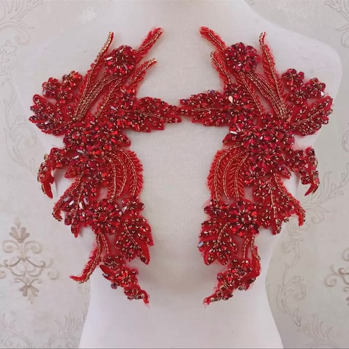 deluxe red /silver prongs Rhinestone Applique, Bridal Bodice beaded  floral motif Lace Applique,  Crystal shoulder sash headpiece appliques