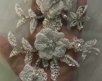 Floral 3D hand made beaded appliqué for clothing/art and craft embellishments. Bridal Pearl appliqué Apair of 3D embellishment / 3D applique