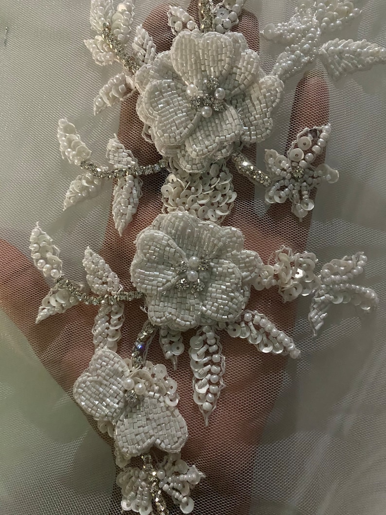 Floral 3D hand made beaded appliqué for clothing/art and craft embellishments. Bridal Pearl appliqué Apair of 3D embellishment / 3D applique image 1