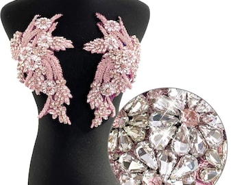 Deluxe pink Rhinestone Applique, Bridal Bodice beaded  floral motif Lace Applique, Silver Crystal shoulder sash headpiece appliques