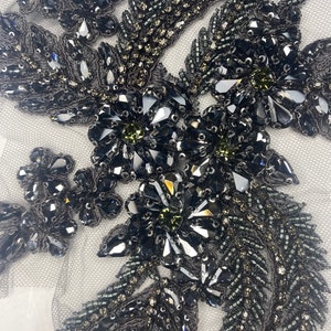 deluxe gunmetal/dark grey Rhinestone Applique, Bridal Bodice beaded  floral motif Lace Applique,Crystal shoulder sash headpiece appliques