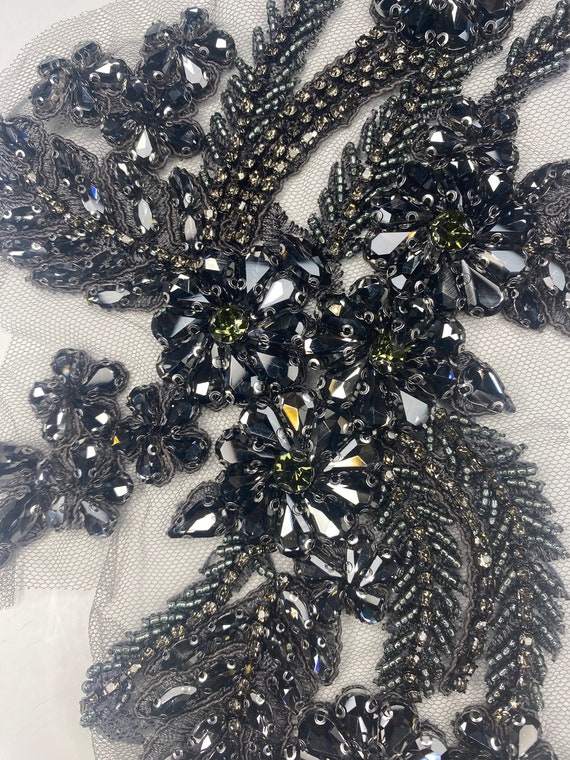 Black applique with 3D flowers and crystals - Applique - lace