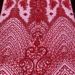 Red embroidered Beaded Mesh Lace Fabric Bridal Wedding Sold By Yard clothing, jackets, dresses,skirts, applications, table covers, runners